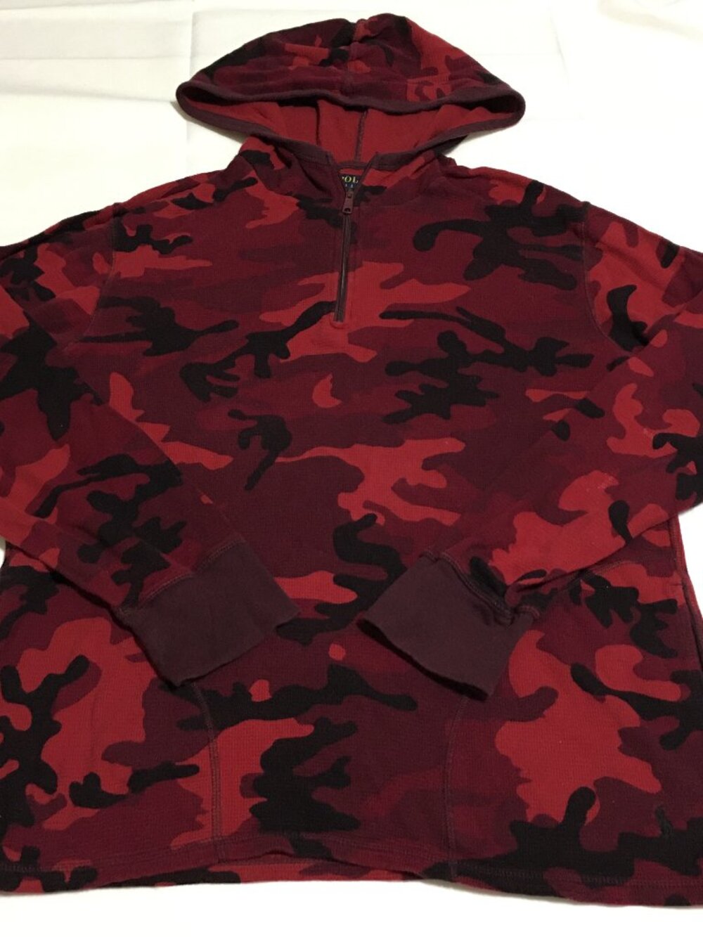 Polo Ralph Lauren Thermal Waffle Knit Hoodie Mens Medium 1/4 Zip Camo Red